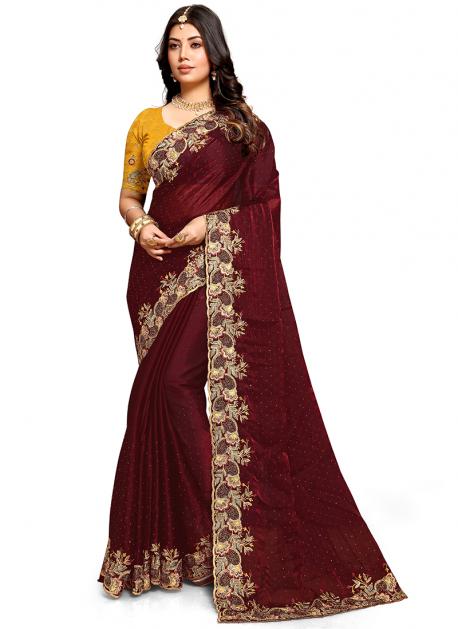 Buy Tom Satin Silk Mroon Traditional Wear Jari Work Saree Online From ...