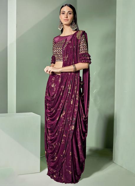 Chiku & red embroidered georgette saree with blouse - KRISHNA FASHION -  398264