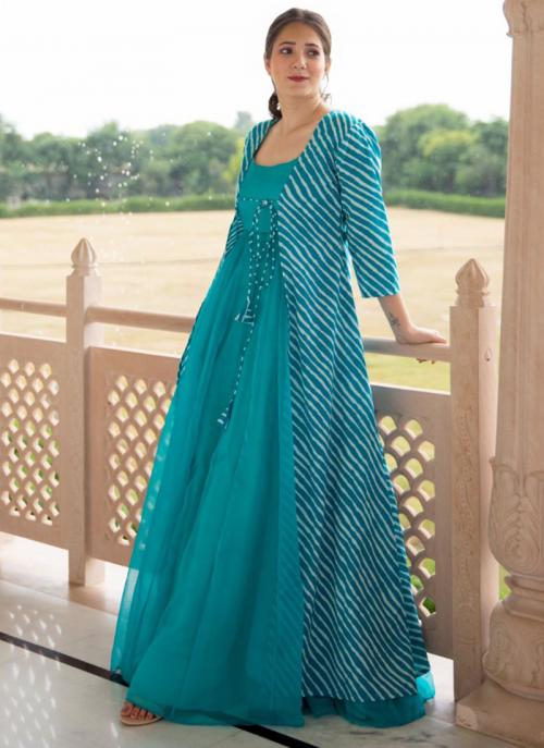 SPECTACULAR TURQUOISE FANCY SEQUINS EMBROIDERED GEORGETTE PARTY WEAR GOWN  SEMI STITCHED - Velly - 4065824