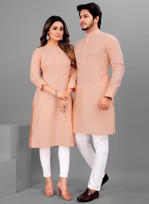 Buy Peach Cotton Daily Wear Plain Couple Kurta Online From Wholesale Salwar