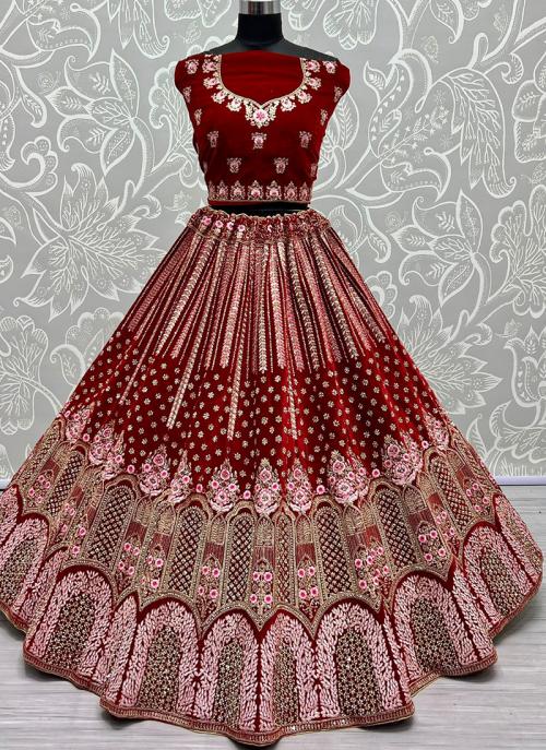 Velvet Bridal Wear Designer Red Lehnega Choli With Embroidery Work