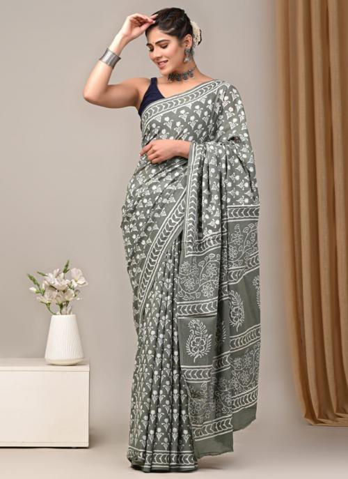 Buy Cotton Grey Casual Wear Printed Saree Online From Wholesale Salwar.