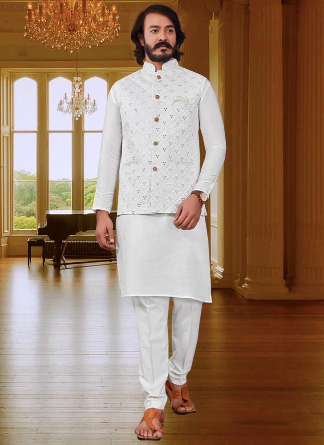 Buy White Art Silk Festival Wear Mirror Work Modi Jacket Kurta Pajama Online From Wholesale Salwar