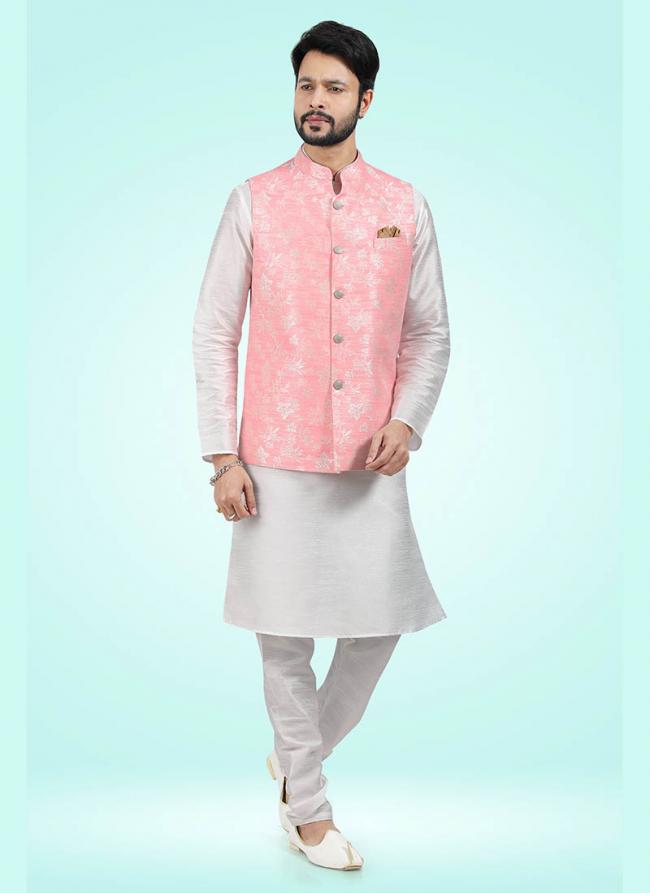 Buy Pink Banarasi Silk Traditional Wear Jacquard Kurta Pajama With Jacket Online From Wholesale Salwar