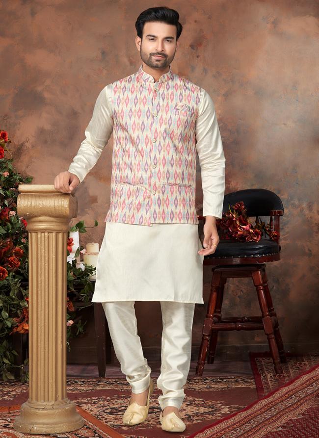 Buy White Mastani Silk Wedding Wear Sequence Work Readymade Modi Jacket Kurta Pyjama Online From Wholesale Salwar