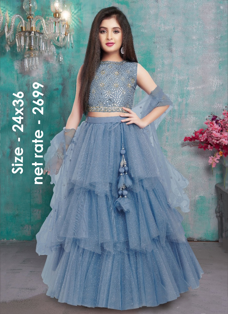 (Set Of 7 Pcs) Blue Party Wear Readymade Lehenga Choli For Girls